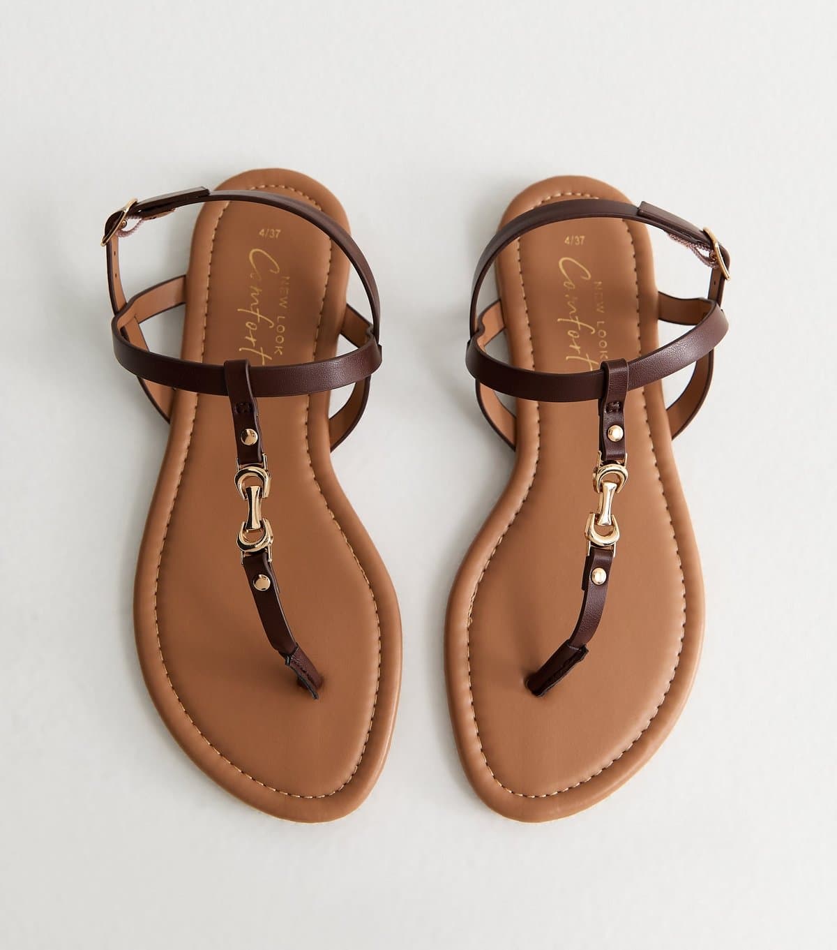 New Look Women's Brown Faux Leather Metal Toe Post Sandals Vegan New Look