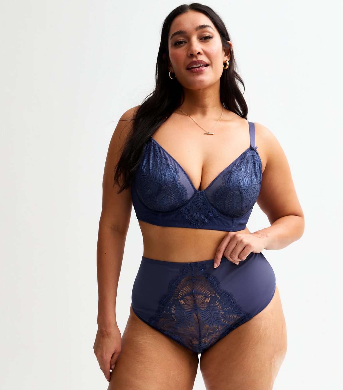 New Look Women's Plus Size Navy Foiled Lace High Waisted Briefs Curves New Look - 1