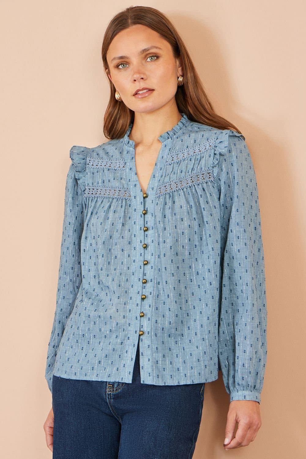 Yumi Yumi Women's Cotton Lace Detail Shirt in Blue