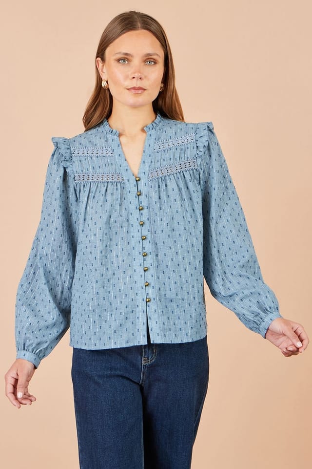 Yumi Yumi Women's Cotton Lace Detail Shirt in Blue - 2