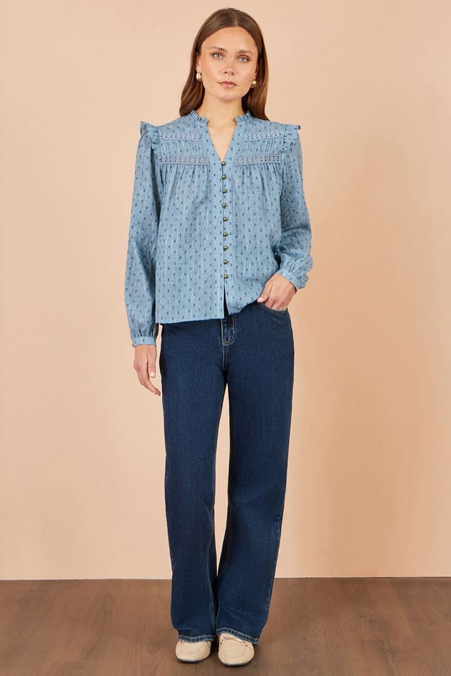 Yumi Yumi Women's Cotton Lace Detail Shirt in Blue - 3