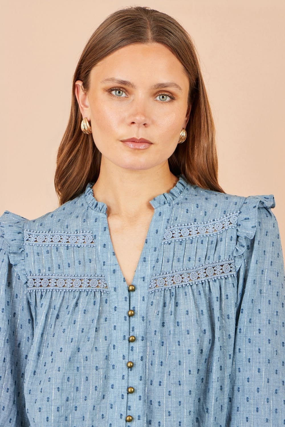 Yumi Yumi Women's Cotton Lace Detail Shirt in Blue - 4