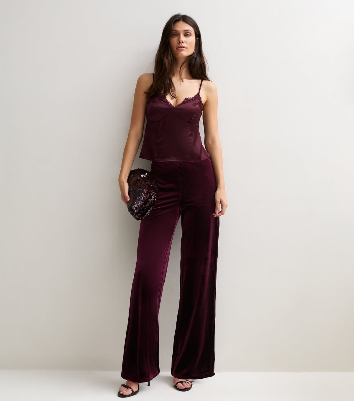 New Look Women's Dark Burgundy Velvet Wide Leg Trousers New Look