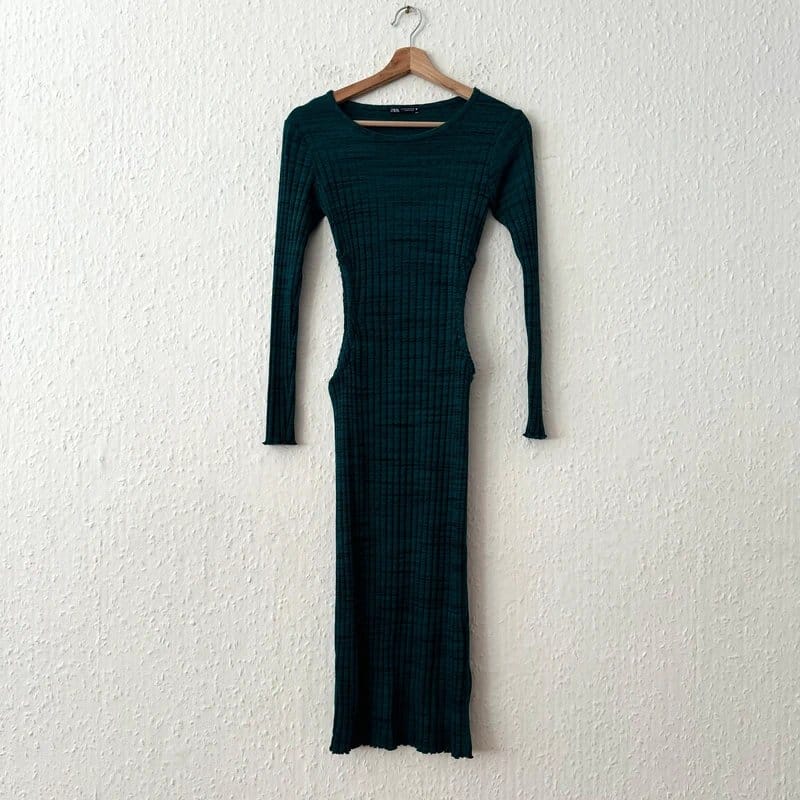 Zara Dark Green Ribbed Long Sleeve Bodycon Dress