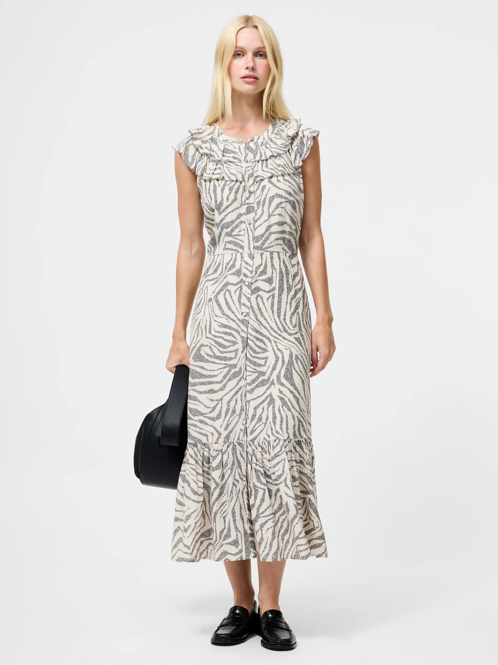 French Connection Josie Eco Delphine Ruffle Midi Dress Porcelain Cream Black