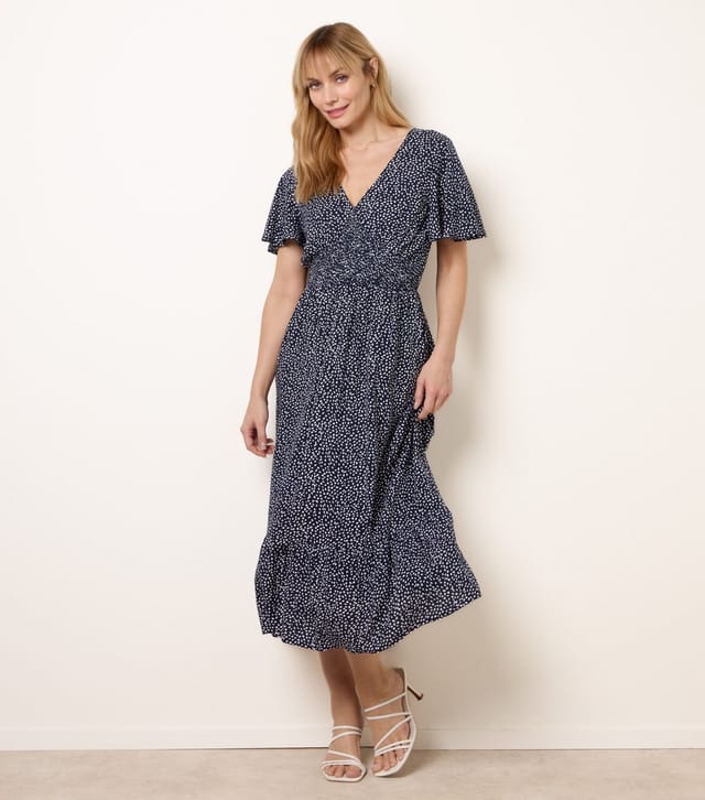 Blue Vanilla Women's Navy Angel Sleeve Shirred Waist Midi Dress Blue Vanilla New Look - 3