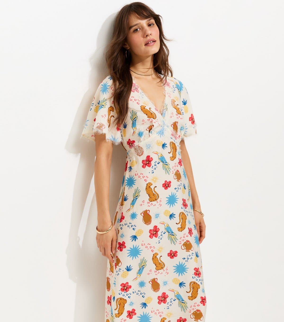 New Look Women's Tall Cream Leopard Print Lace Trim Midi Tea Dress New Look