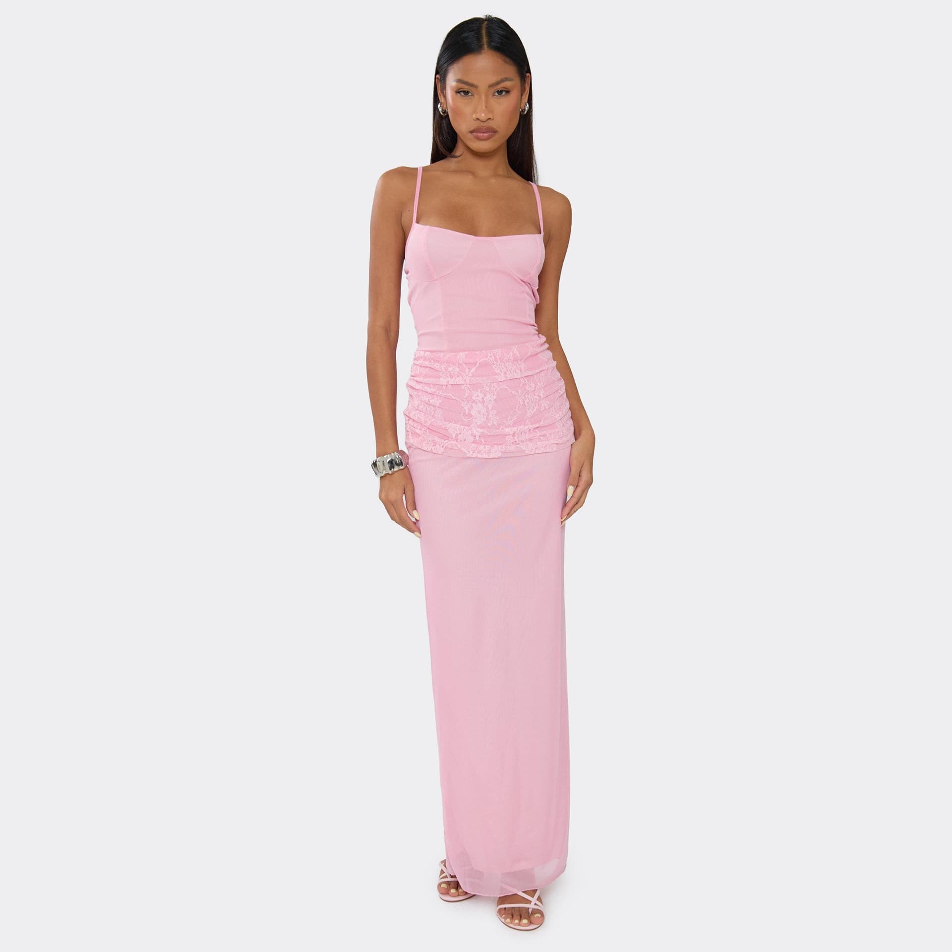 EGO Strappy Cupped Contrast Lace Draped Panel Detail Maxi Dress In Pink, Women's Size UK 6