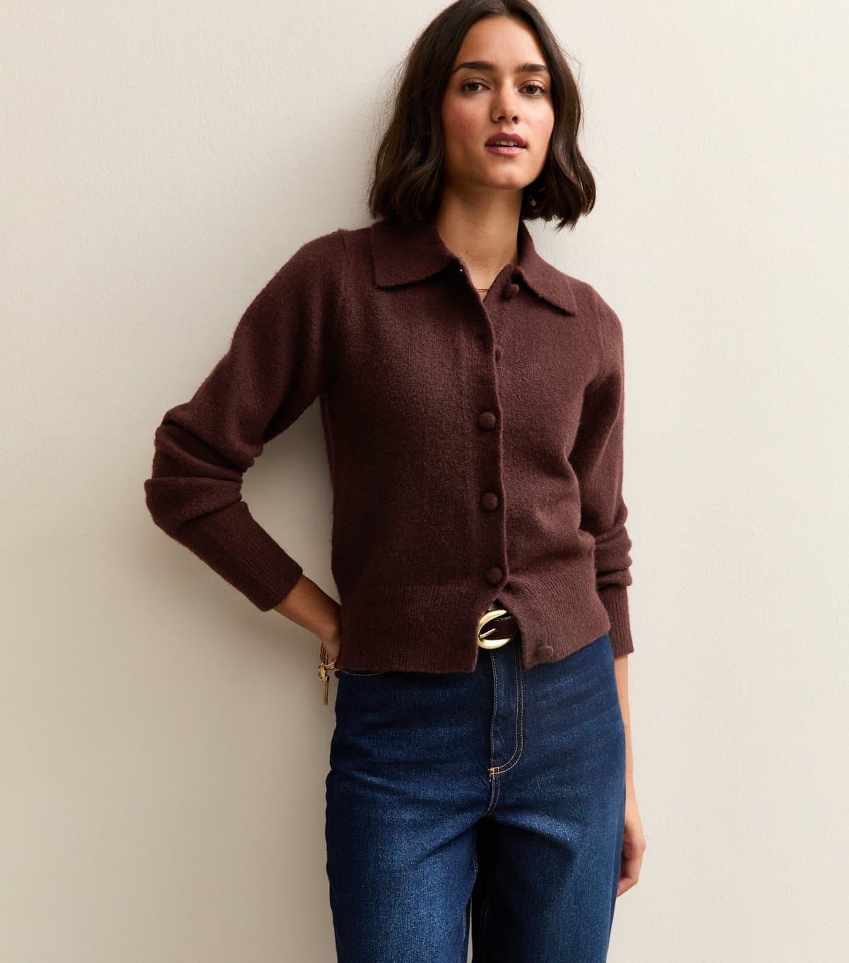 New Look Women's Burgundy Midweight Knit Collared Cardigan New Look