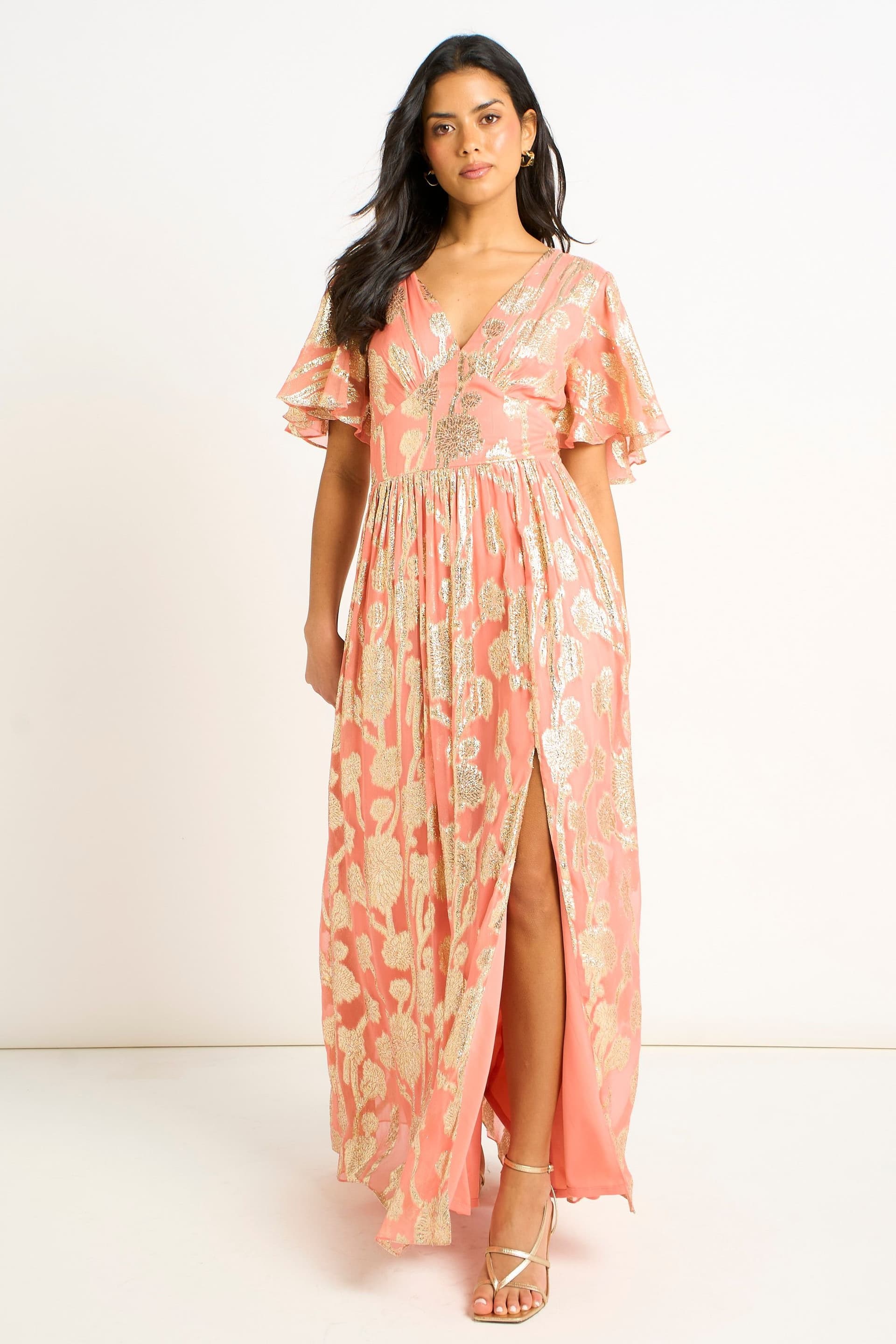 Gini London Gini London Women's Pink Metallic Jacquard Flutter Sleeves Floral Maxi Dress in Light Pink