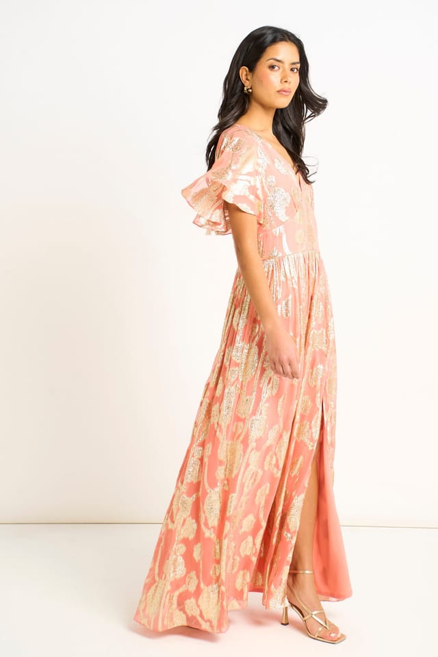 Gini London Gini London Women's Pink Metallic Jacquard Flutter Sleeves Floral Maxi Dress in Light Pink - 3