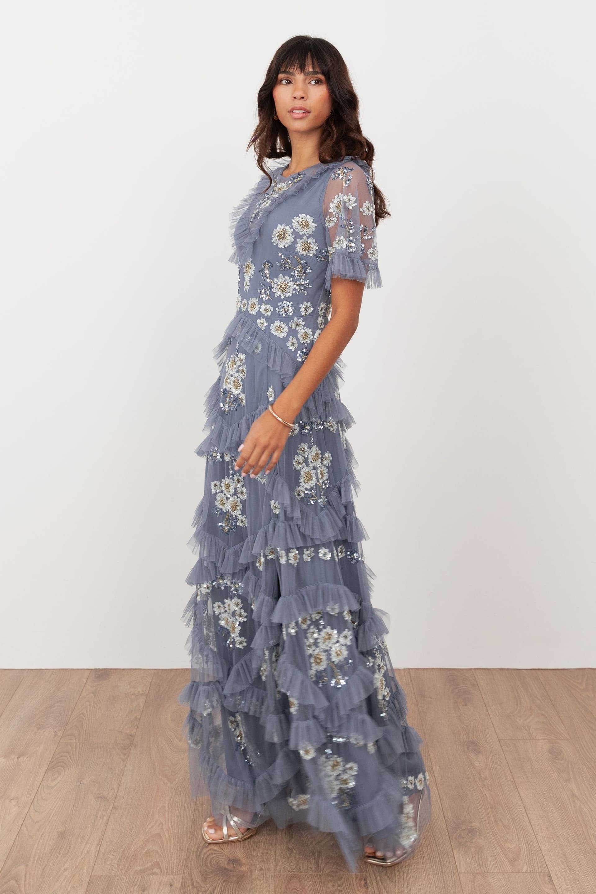 Maya Deluxe Maya Deluxe Women's Embellished Angel Sleeve Ruffle Maxi Dress in Mid Blue