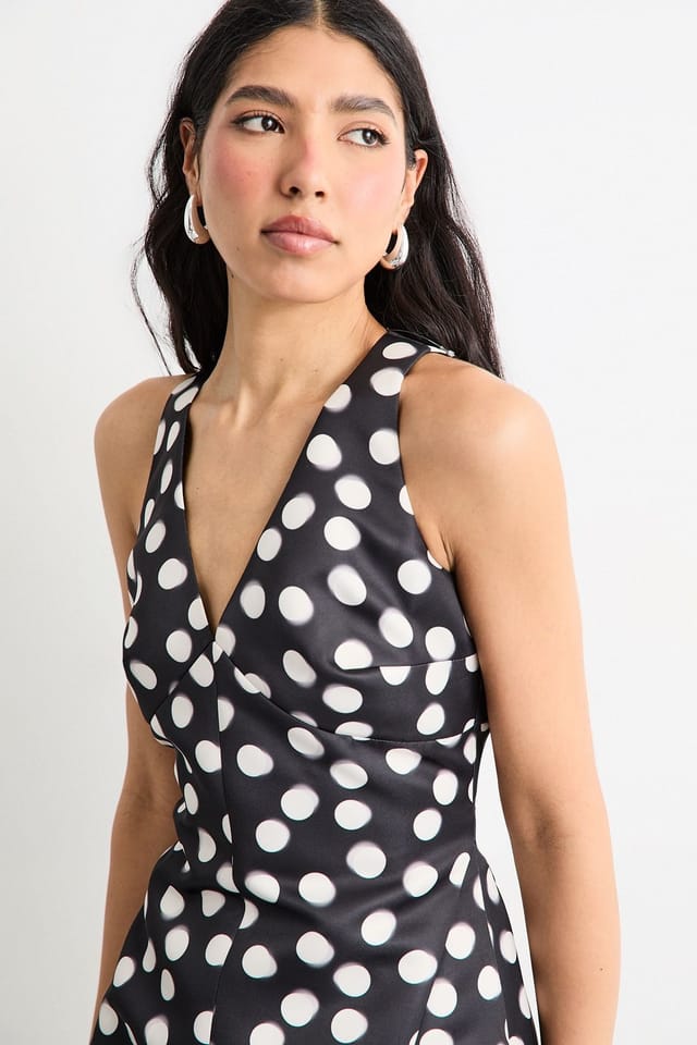 Warehouse Warehouse Women's Satin Structured Polka Dot Print Mini Dress in Black - 2