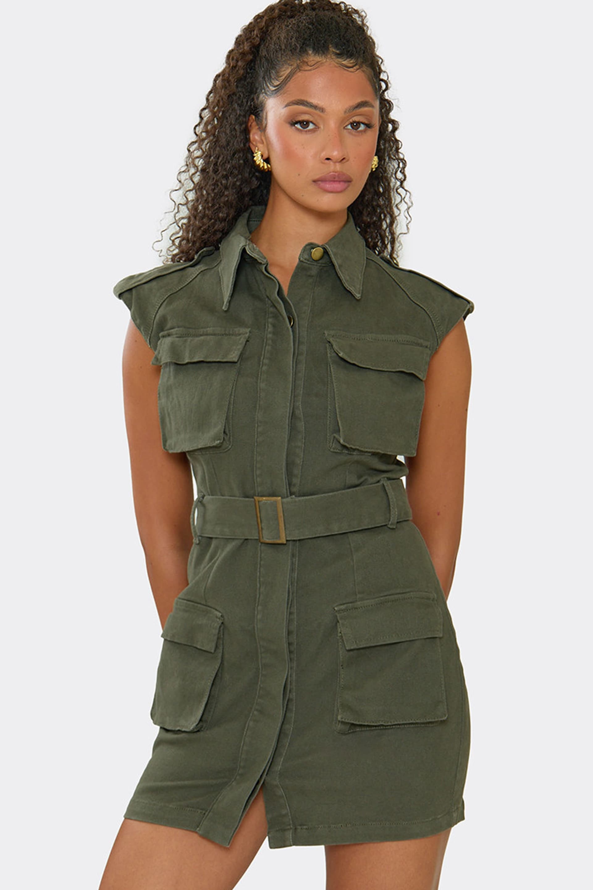 EGO EGO Women's Cargo Style Sleeveless Mini Dress in Olive