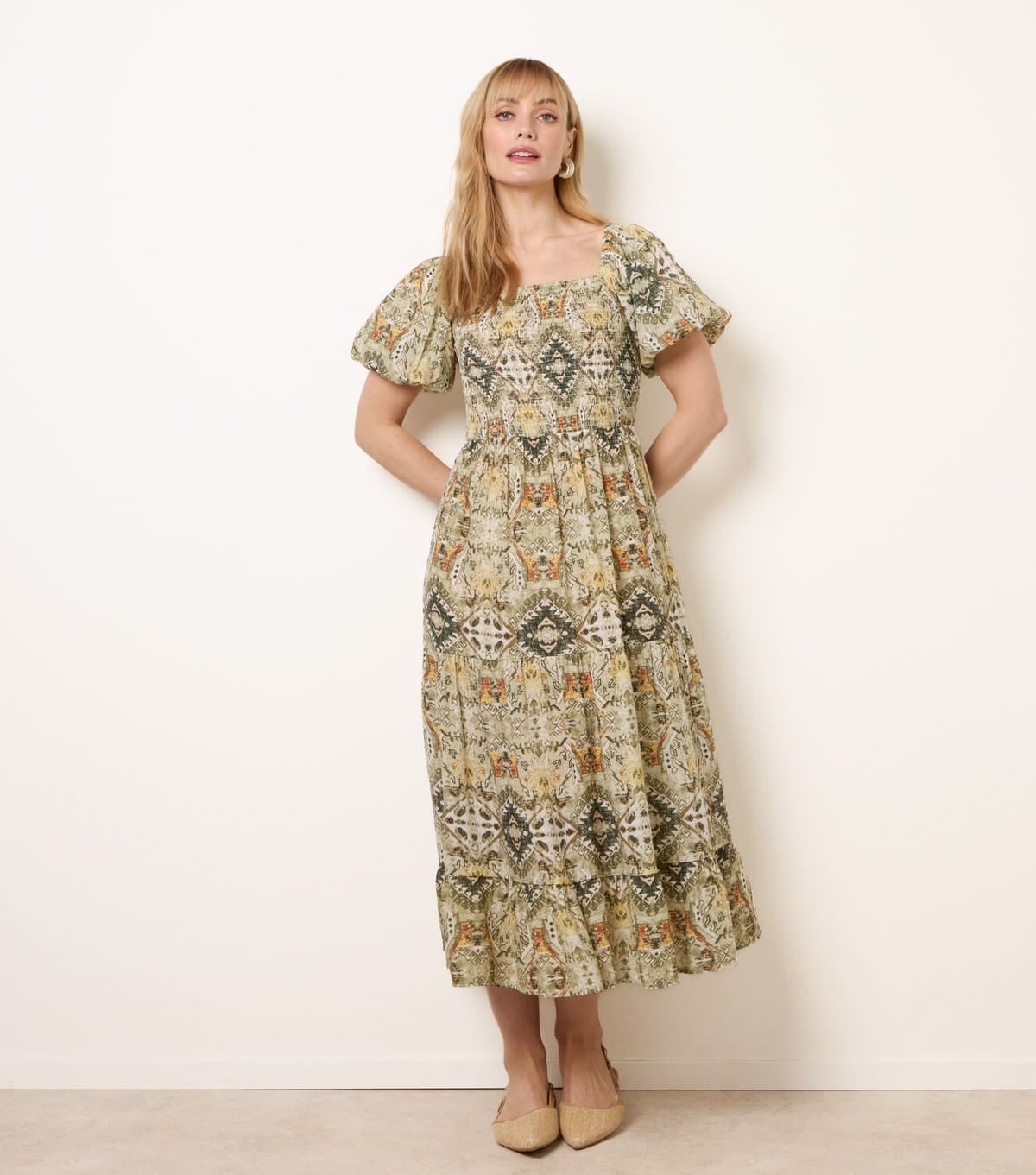 Blue Vanilla Women's Green Abstract Print Puff Sleeve Midi Dress Blue Vanilla New Look