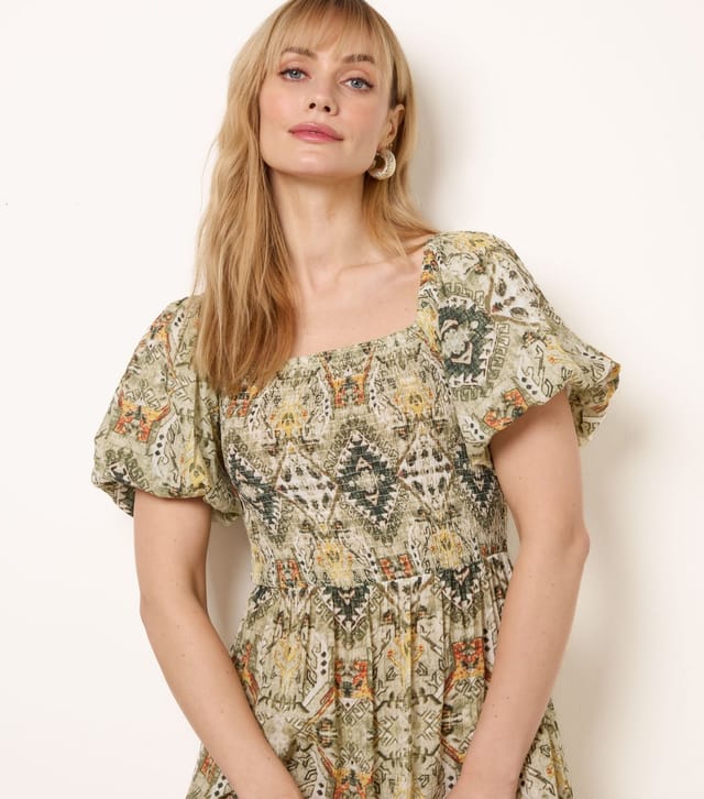 Blue Vanilla Women's Green Abstract Print Puff Sleeve Midi Dress Blue Vanilla New Look - 2