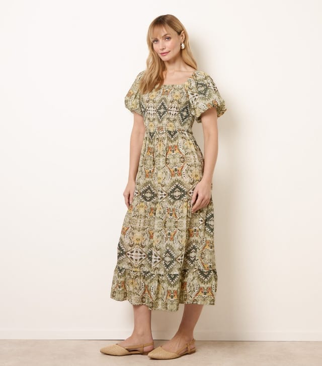 Blue Vanilla Women's Green Abstract Print Puff Sleeve Midi Dress Blue Vanilla New Look - 3