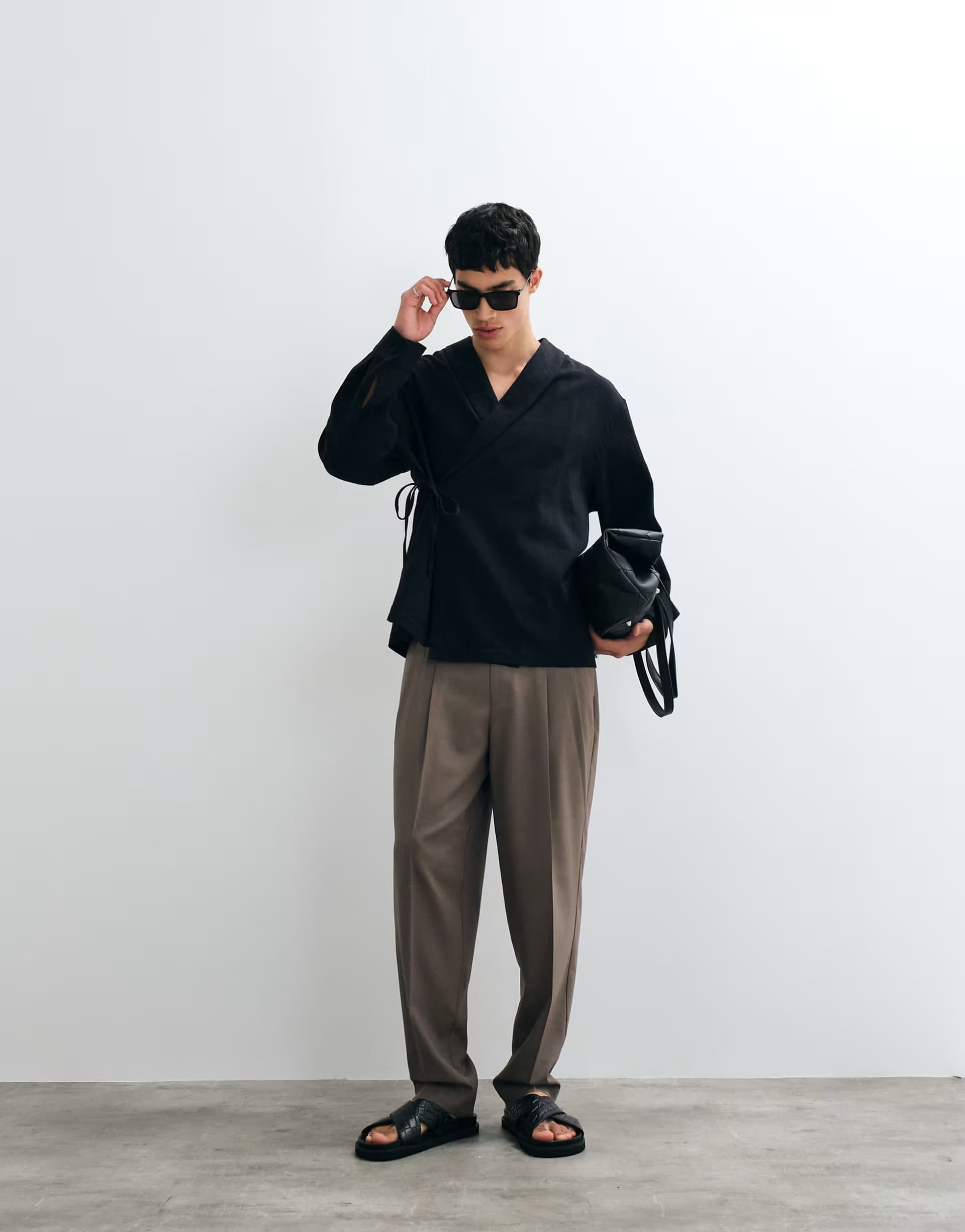 ASOS ASOS DESIGN oversized wrap tie shirt in linen look in black