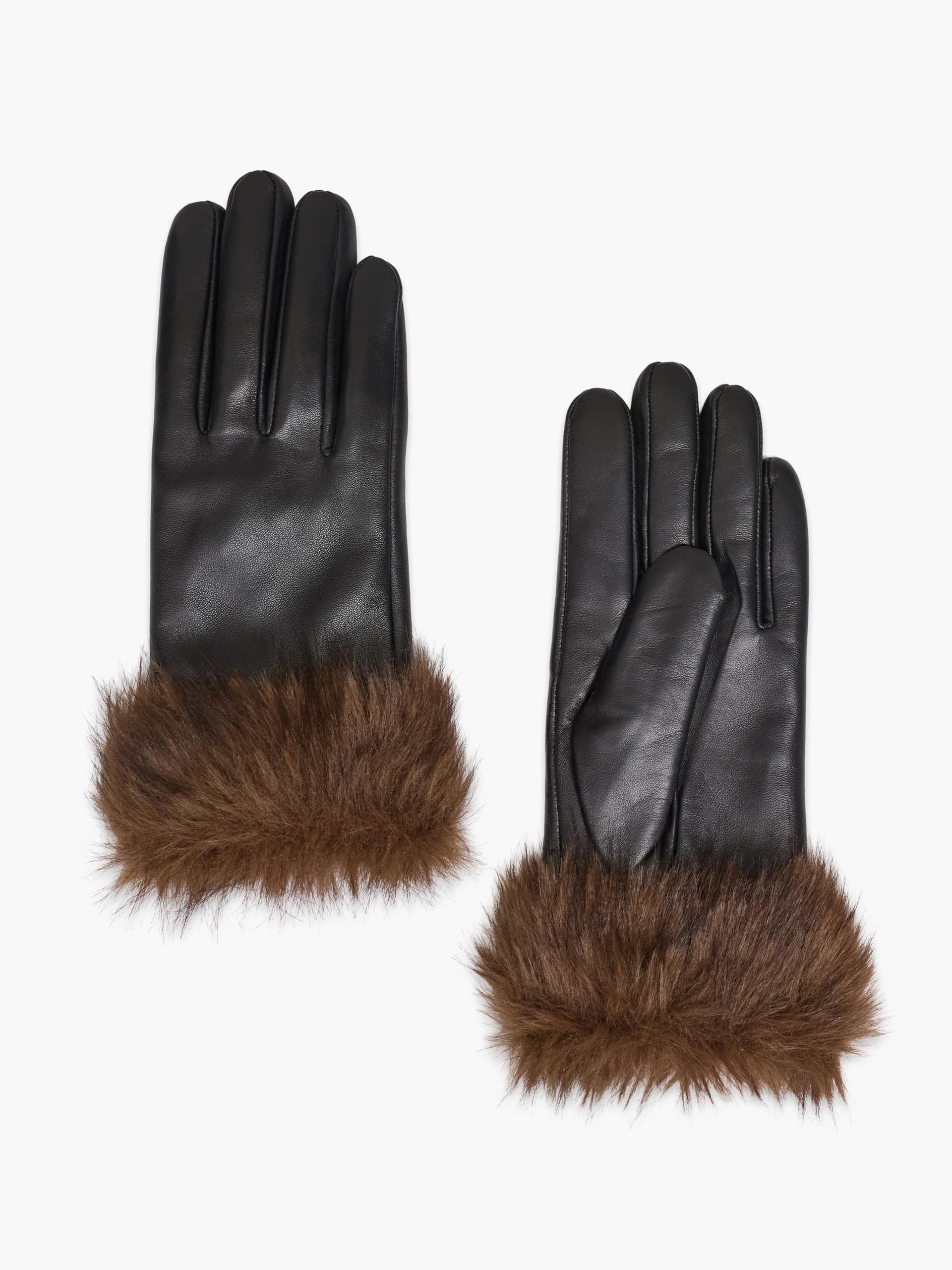 French Connection Black Leather Faux Fur Cuff Gloves Black/Dark Brown