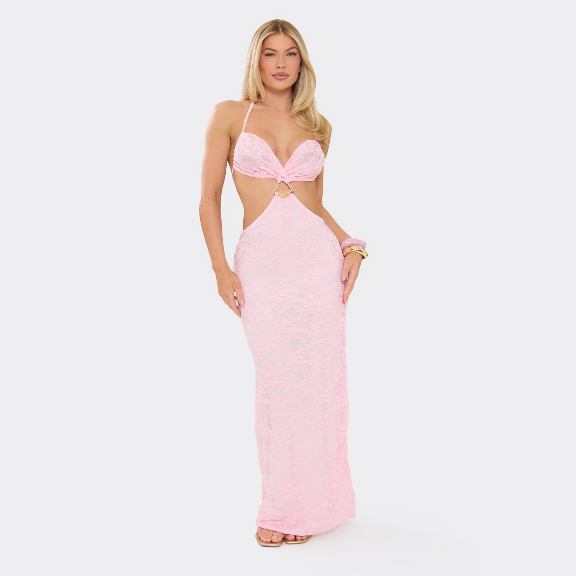 EGO Halterneck Trim Detail Cut Out Maxi Dress In Baby Pink Lace, Women's Size UK 6