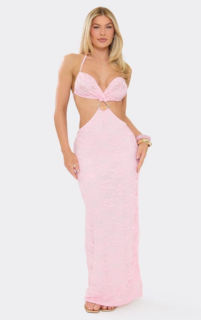 EGO Halterneck Trim Detail Cut Out Maxi Dress In Baby Pink Lace, Women's Size UK 6 - 2