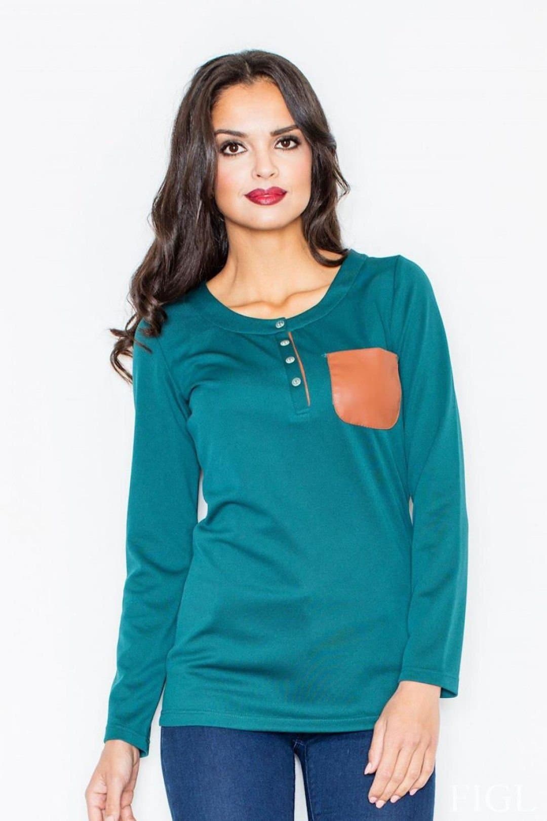 Love Lace Love Lace Women's Long Sleeve Round Neck Leather Pocket Blouse in Green