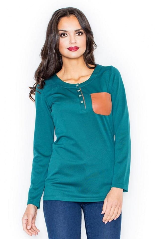 Love Lace Love Lace Women's Long Sleeve Round Neck Leather Pocket Blouse in Green - 2