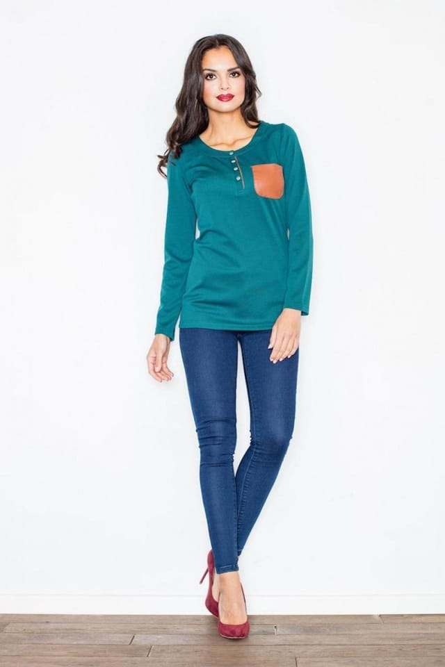 Love Lace Love Lace Women's Long Sleeve Round Neck Leather Pocket Blouse in Green - 3