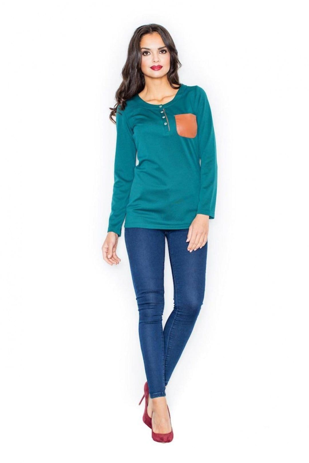 Love Lace Love Lace Women's Long Sleeve Round Neck Leather Pocket Blouse in Green - 4