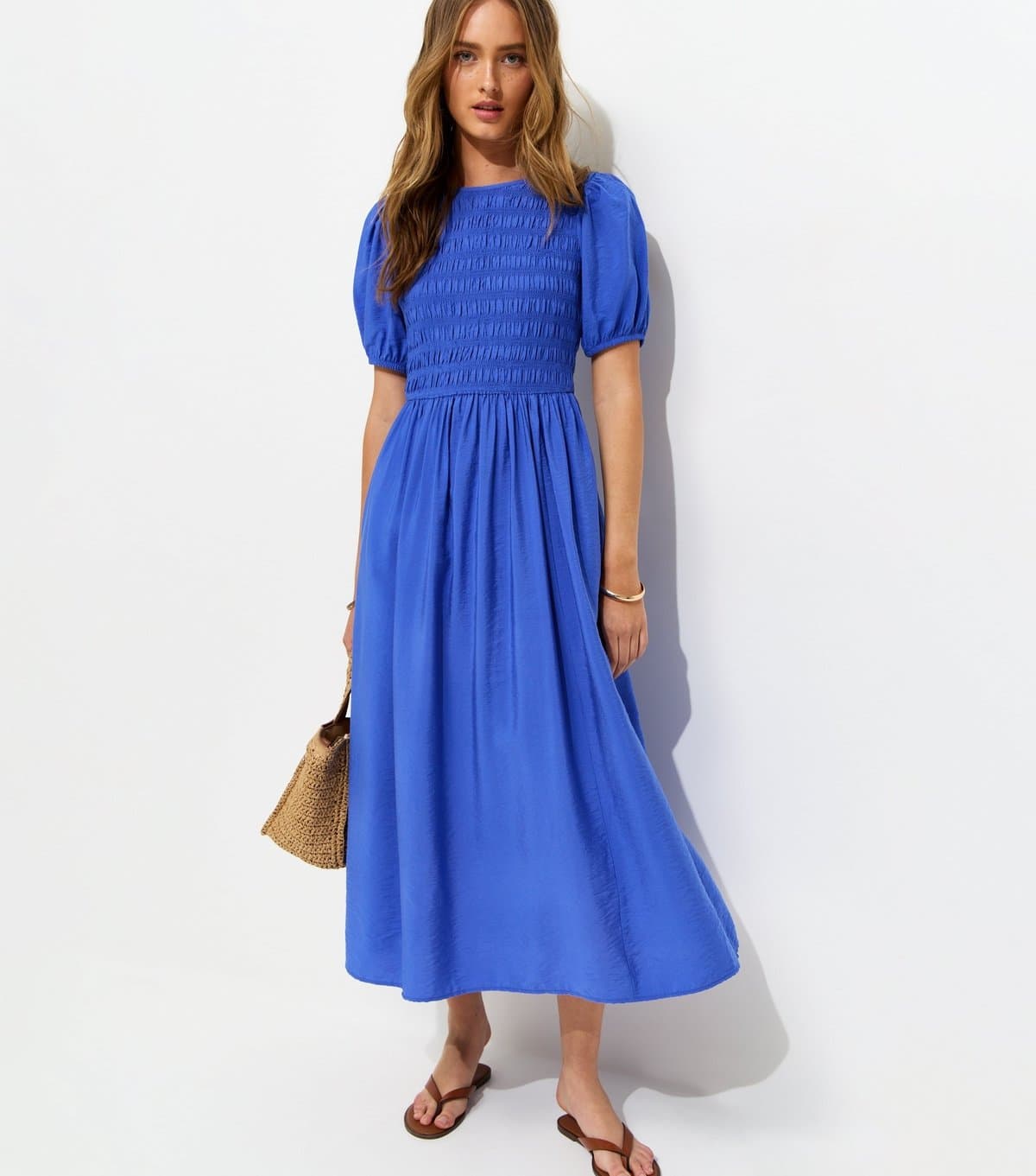 New Look Women's Bright Blue Shirred Body Short Sleeve Midi Dress New Look