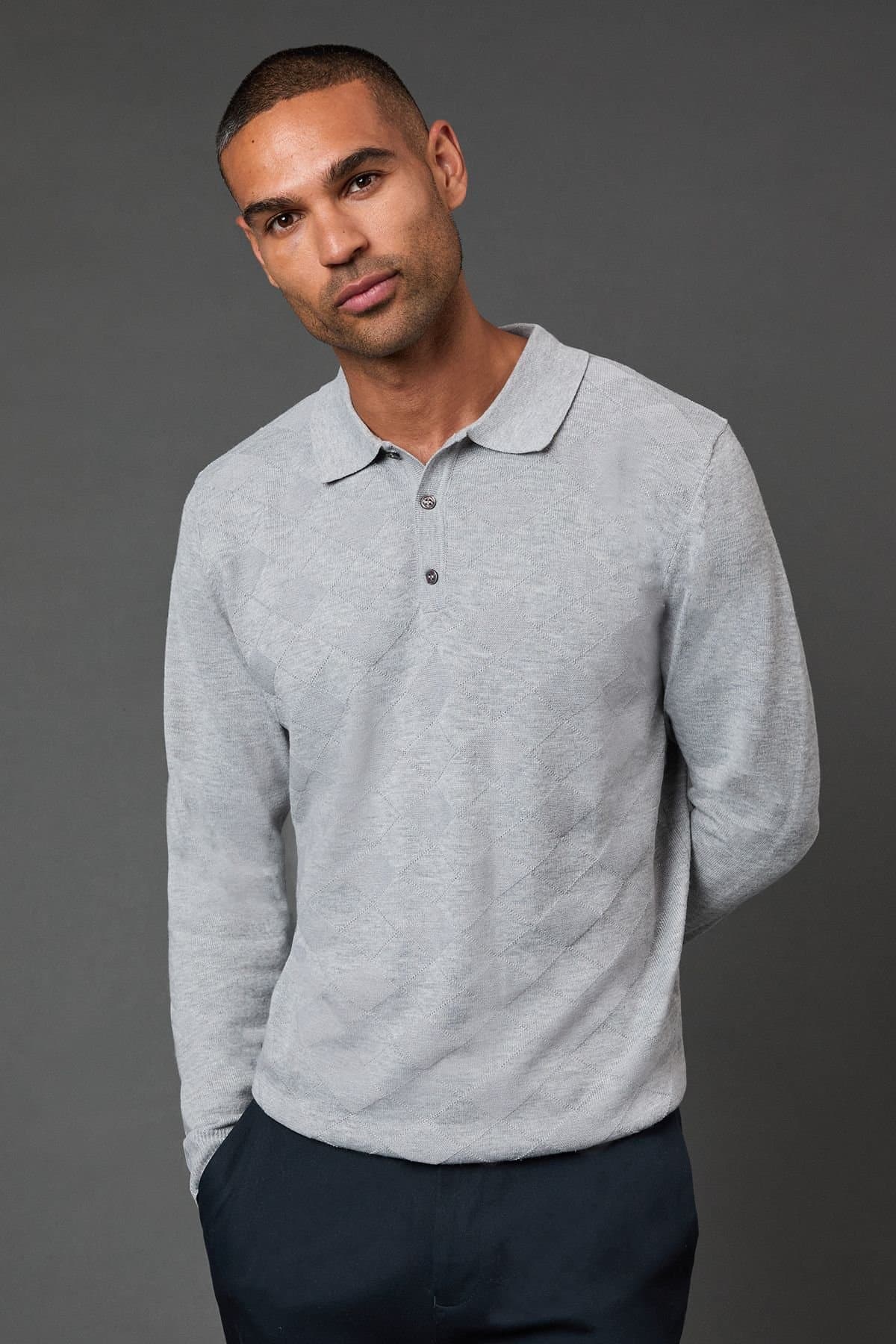 Burton Burton Men's Light Grey Textured Long Sleeve Knitted Polo