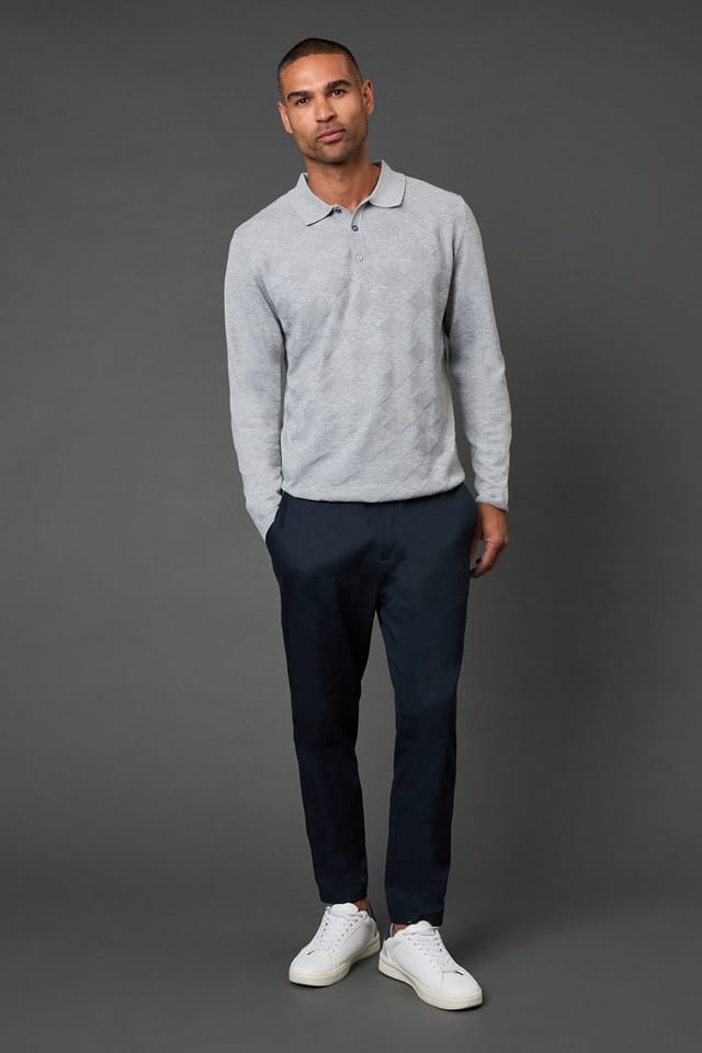 Burton Burton Men's Light Grey Textured Long Sleeve Knitted Polo - 2