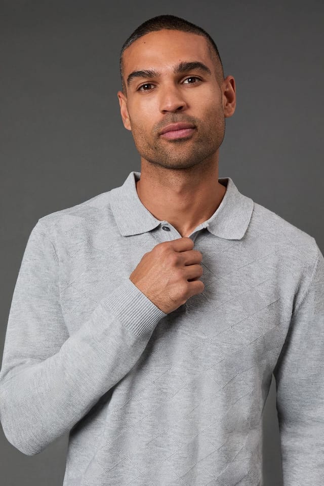 Burton Burton Men's Light Grey Textured Long Sleeve Knitted Polo - 3