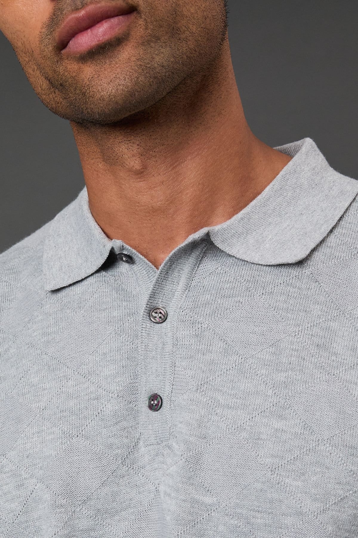 Burton Burton Men's Light Grey Textured Long Sleeve Knitted Polo - 4