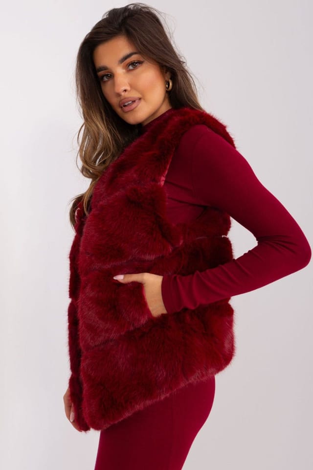 Love Lace Love Lace Women's Lined Faux Fur Vest with Pockets & Velcro in Red - 2