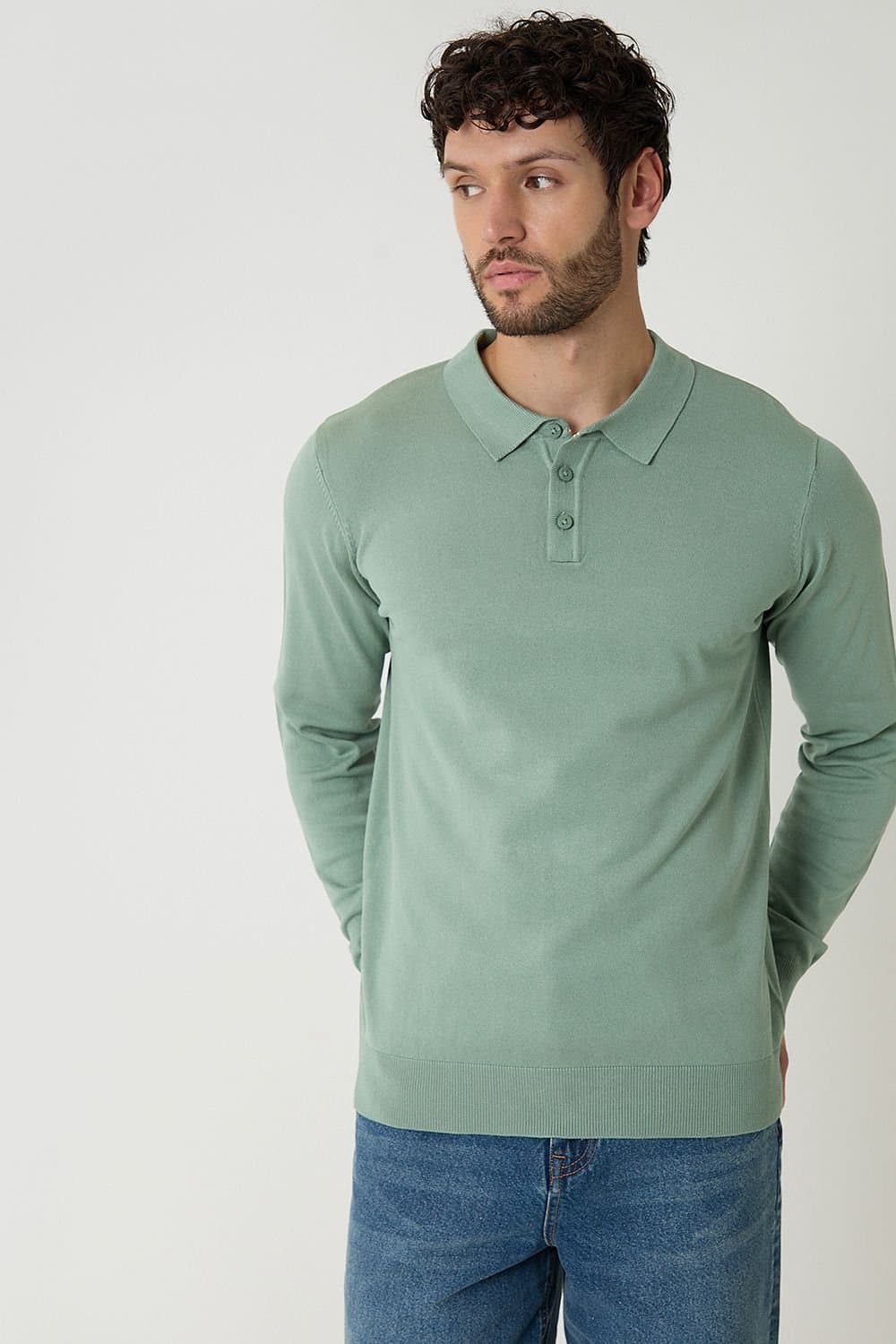 Threadbare Threadbare Men's Knitted Long Sleeve Polo Jumper in Pale Green