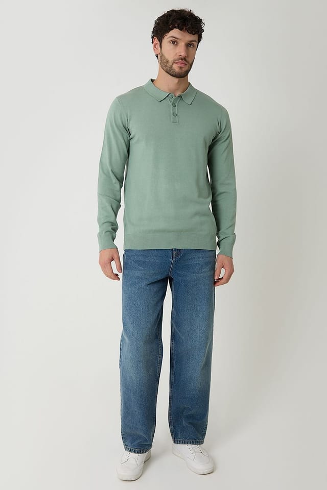 Threadbare Threadbare Men's Knitted Long Sleeve Polo Jumper in Pale Green - 3