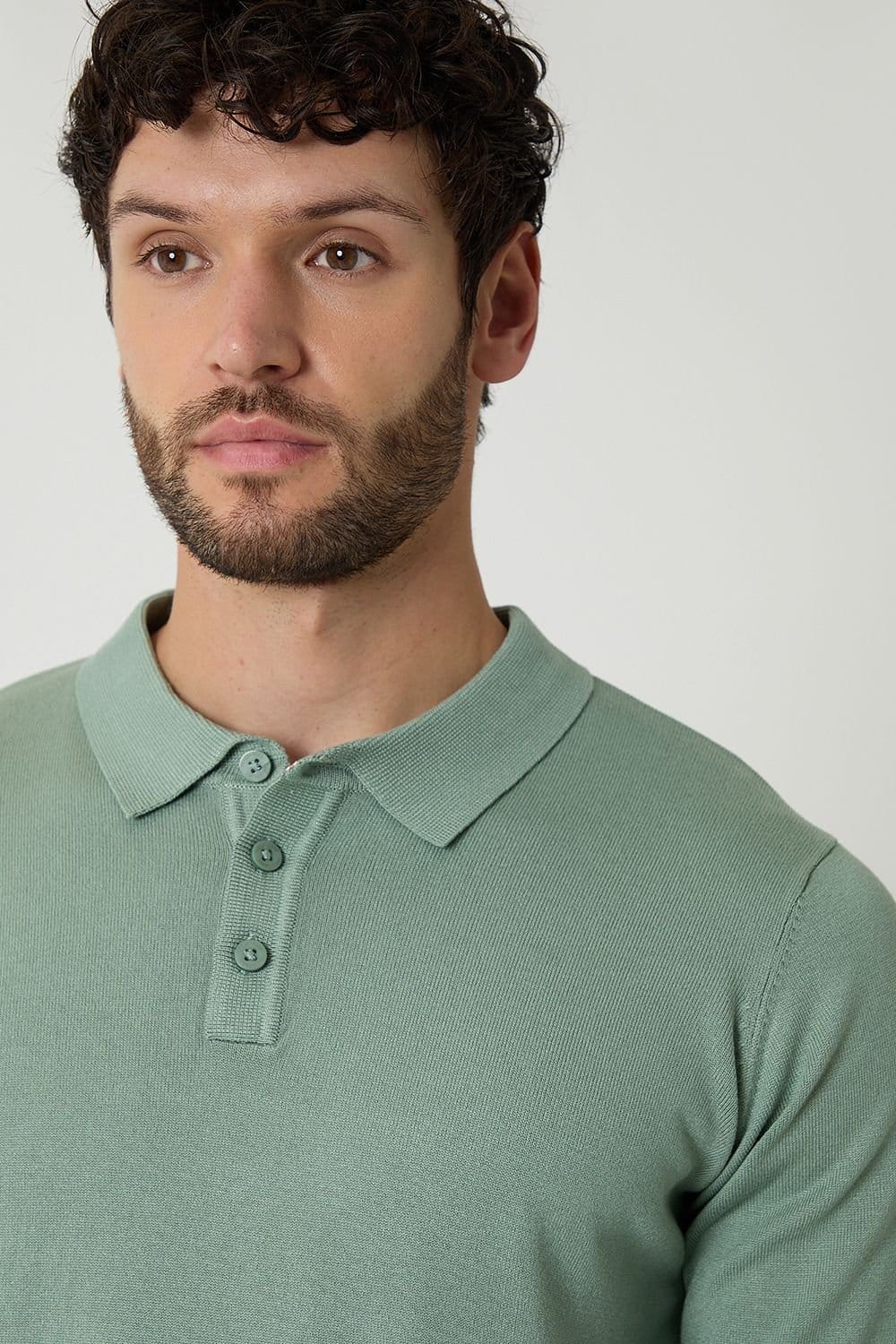 Threadbare Threadbare Men's Knitted Long Sleeve Polo Jumper in Pale Green - 4