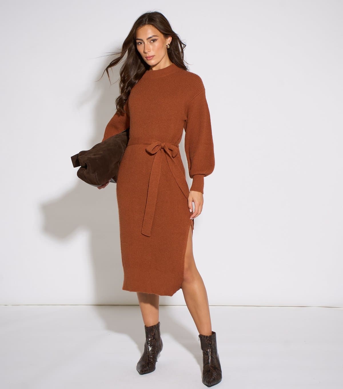 Gini London Women's Tan Tie Waist Knitted Dress Gini London New Look