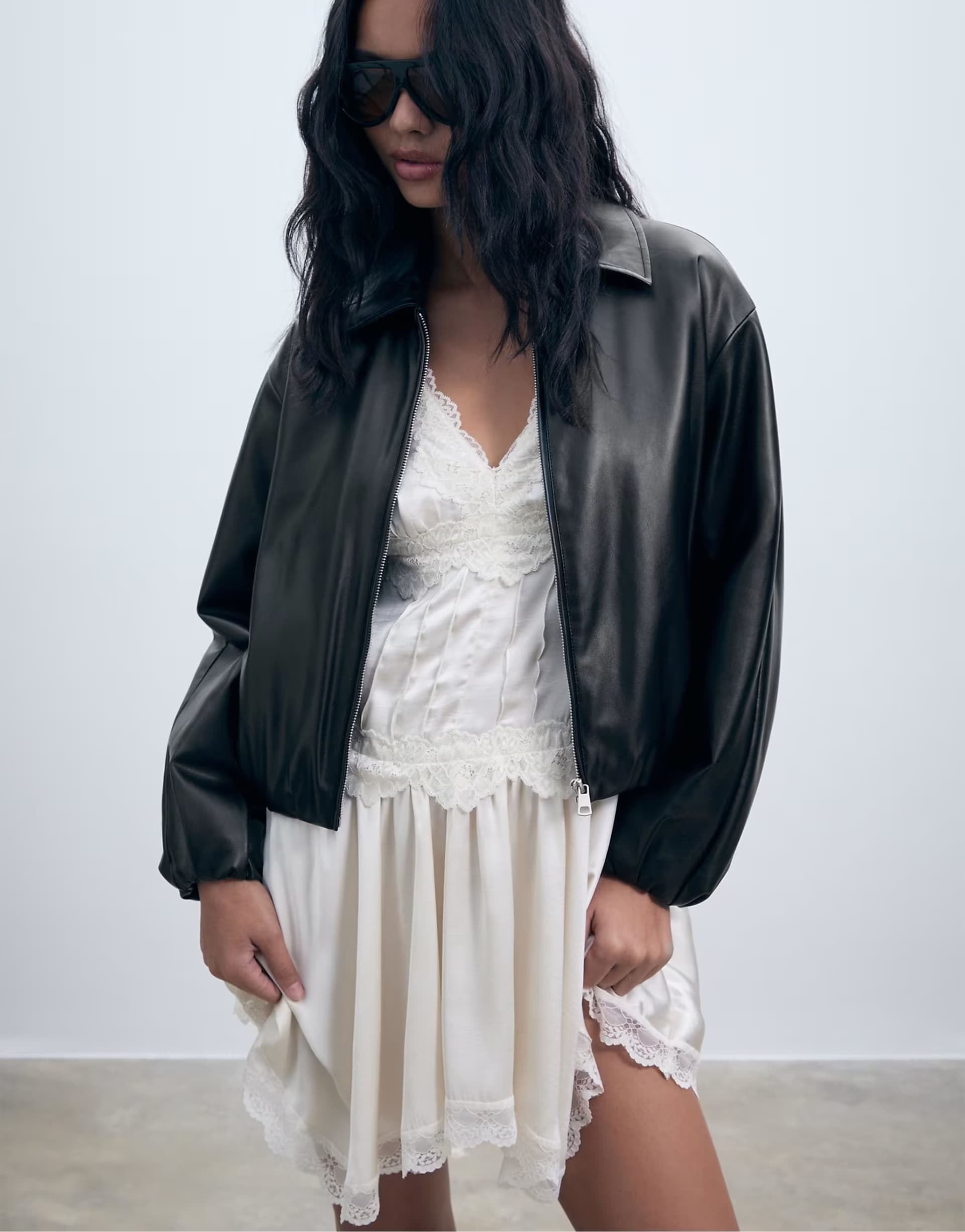 ASOS Stradivarius Faux leather quilted bomber jacket in black