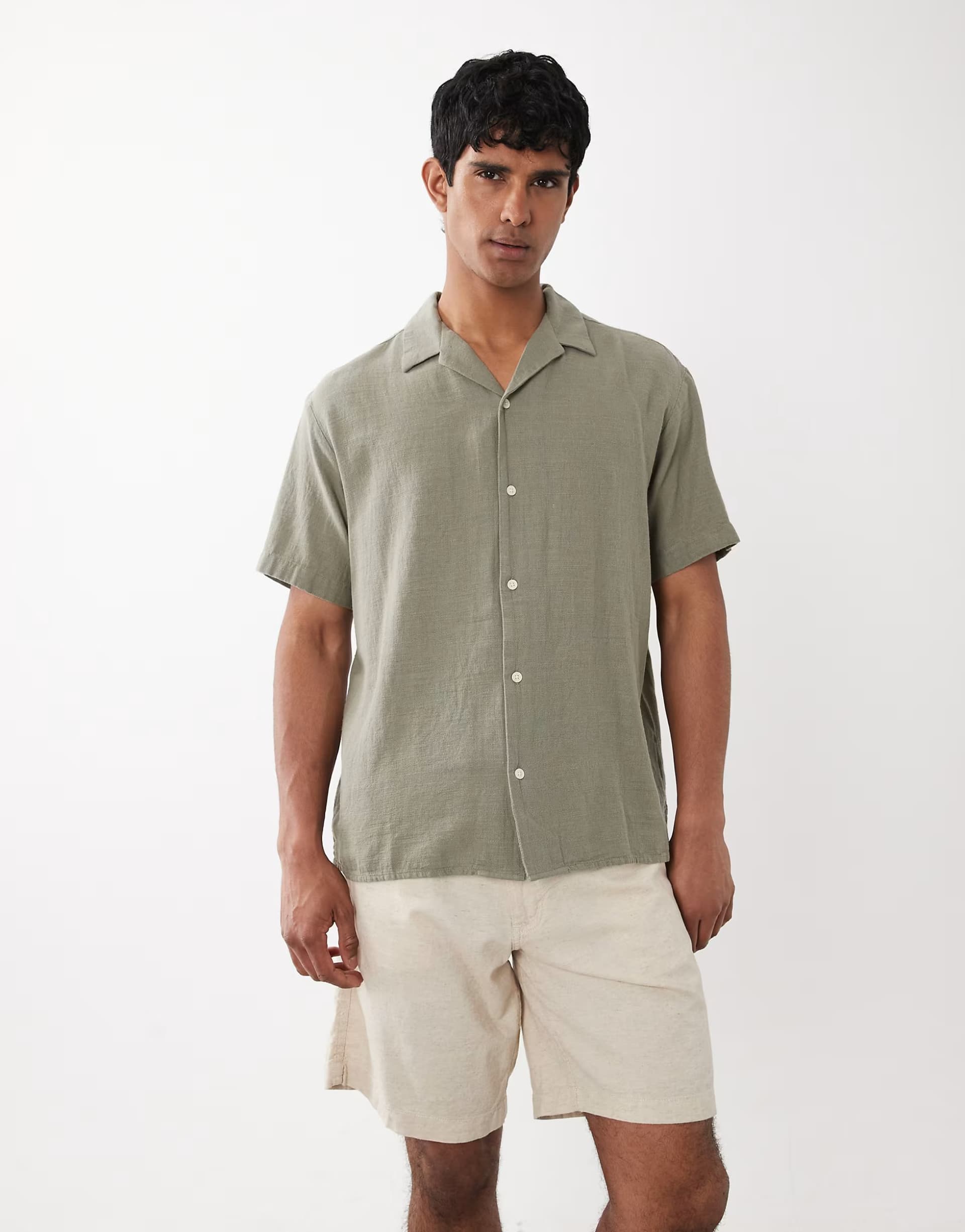 ASOS Jack & Jones textured shirt with short sleeves in khaki