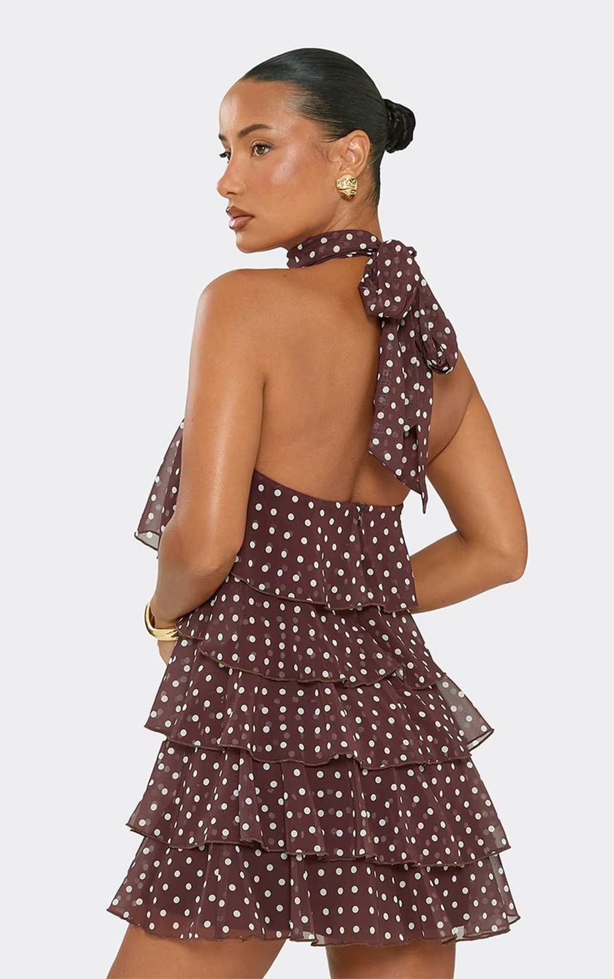 EGO High Neck Tiered Frill Detail Mini Dress In Chocolate Brown Polka Dot, Women's Size UK 6
