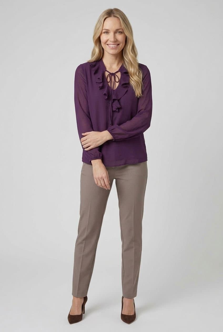 Izabel London Izabel London Women's Ruffle Front Long Sleeve Blouse in Purple