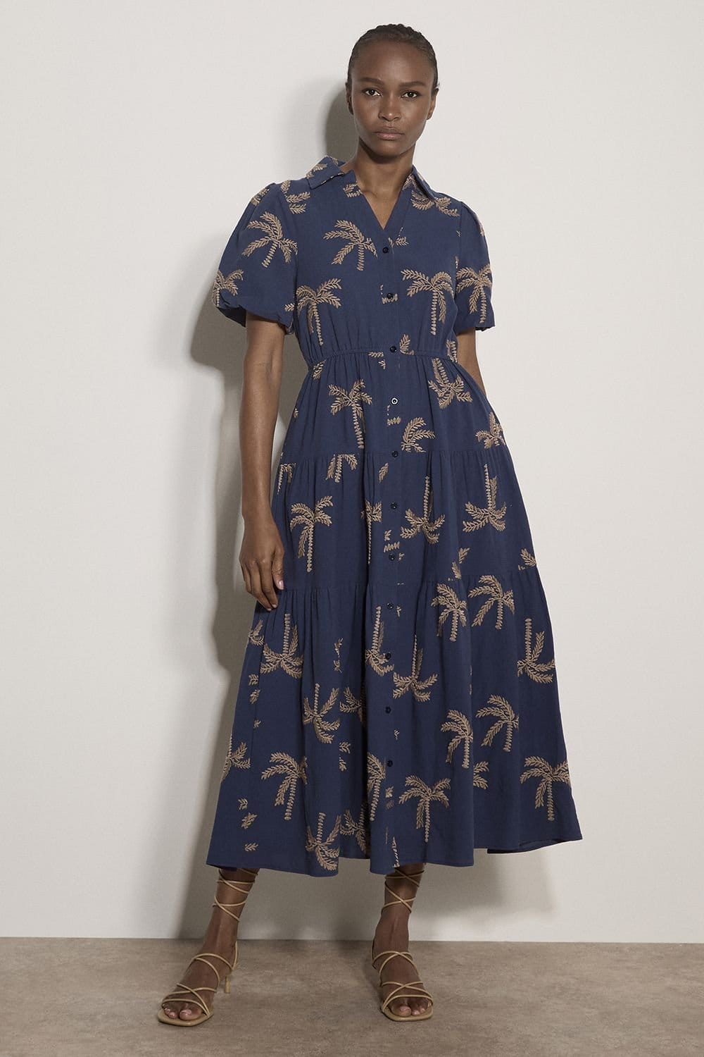 Apricot Blue Embroidered Palms Cotton Midi Dress