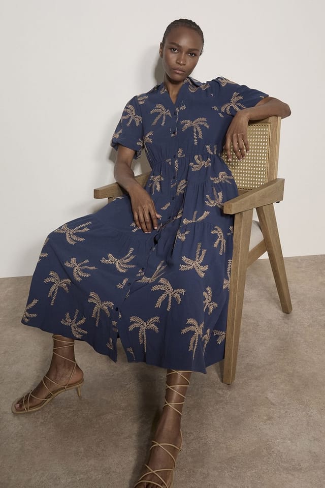 Apricot Apricot Women's Embroidered Palms Cotton Midi Dress in Blue - 2