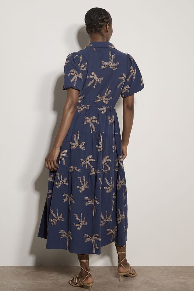 Apricot Apricot Women's Embroidered Palms Cotton Midi Dress in Blue - 3
