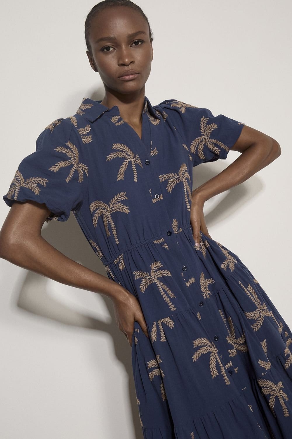 Apricot Apricot Women's Embroidered Palms Cotton Midi Dress in Blue - 4