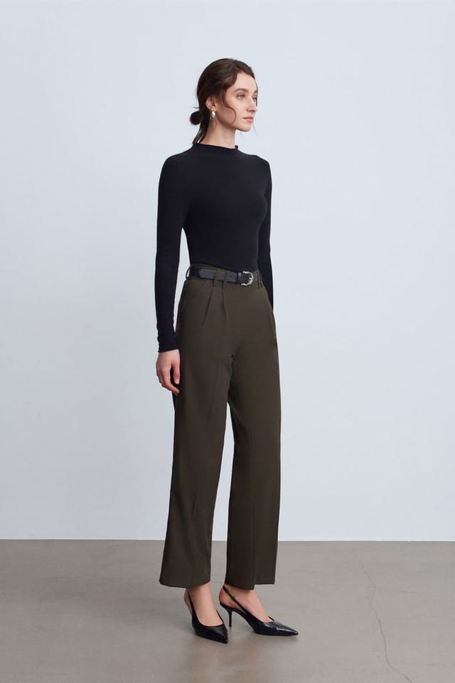 Dilvin Dilvin Women's Wide-leg Pleated Crepe Trousers in Khaki - 2
