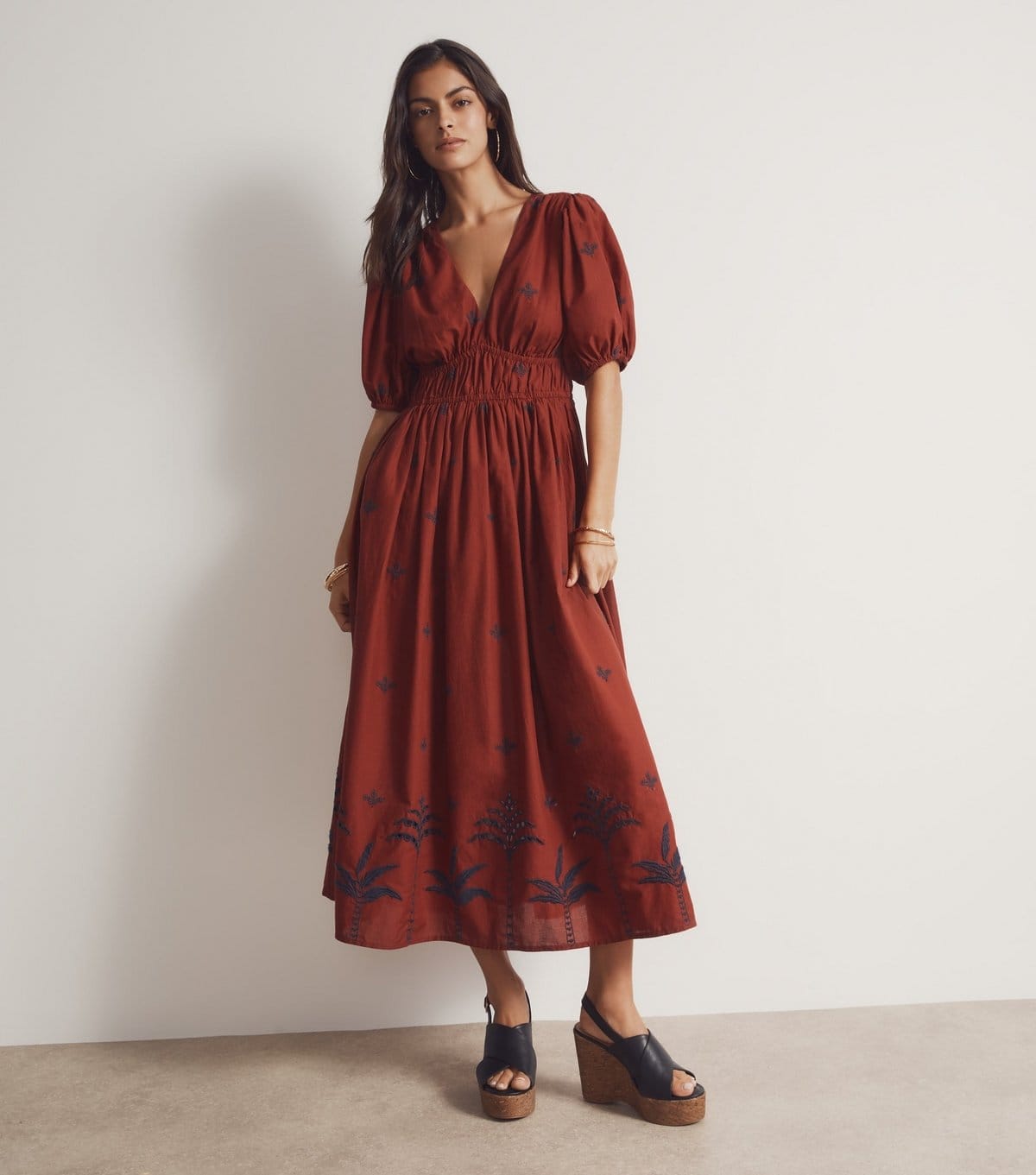 Women's Rust Palm Embroidered Midi Dress New Look