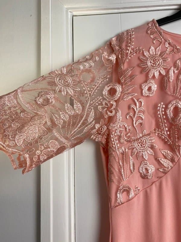 Shein SHEIN Pink Lace Embroidered Bodycon Midi Dress Size 0XL UK 16 Occasion Wedding Guest Pencil Dress